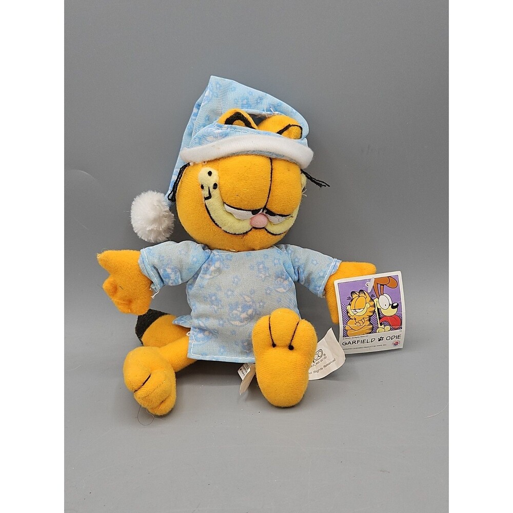 Vintage Garfield Wearing Light Blue PJs & Night Cap 8" w/ Tags